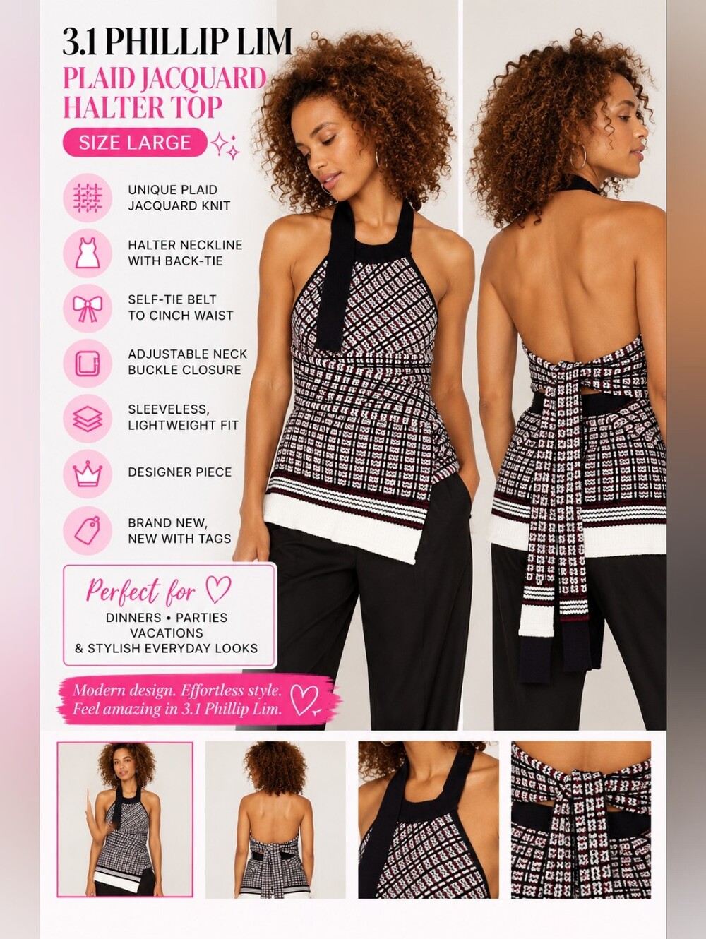 NWT! 3.1 Phillip Lim Plaid Jacquard Back-Tie Halter Top Size Large